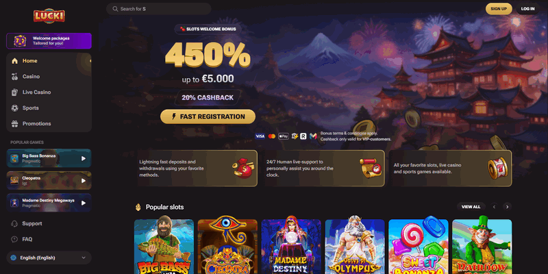 Lucki Casino Homepage Screenshot